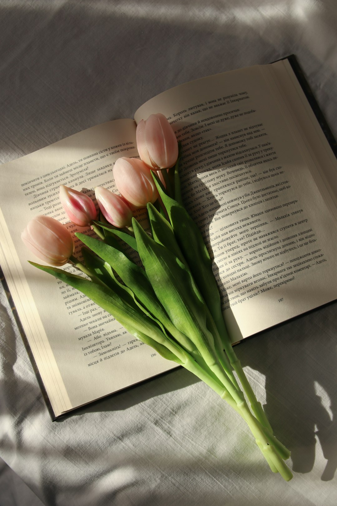 Livre ouvert avec des tulipes